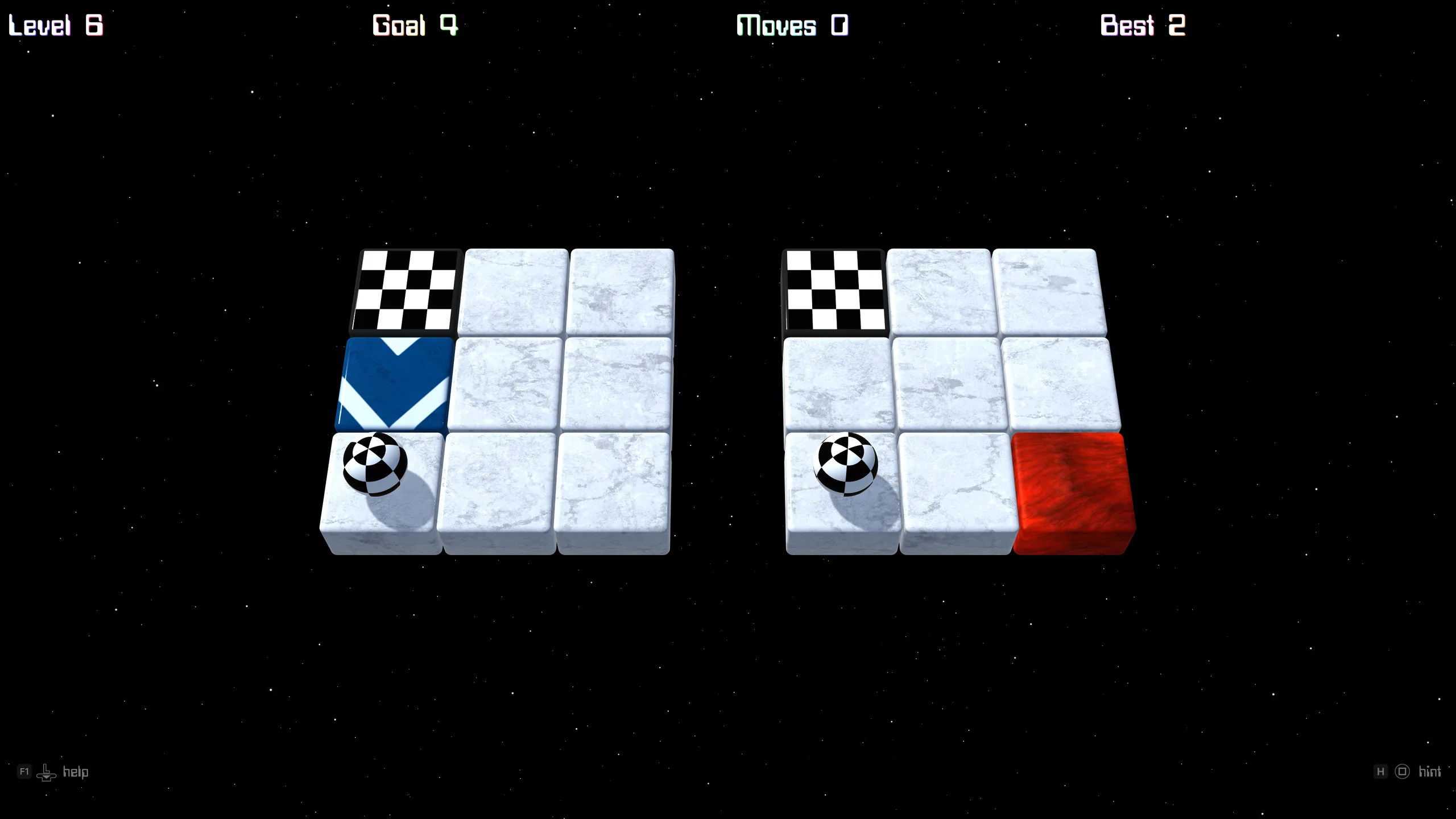 Two small three-by-three mazes, one with a blue arrow tile, the other with a lava tile in the corner.