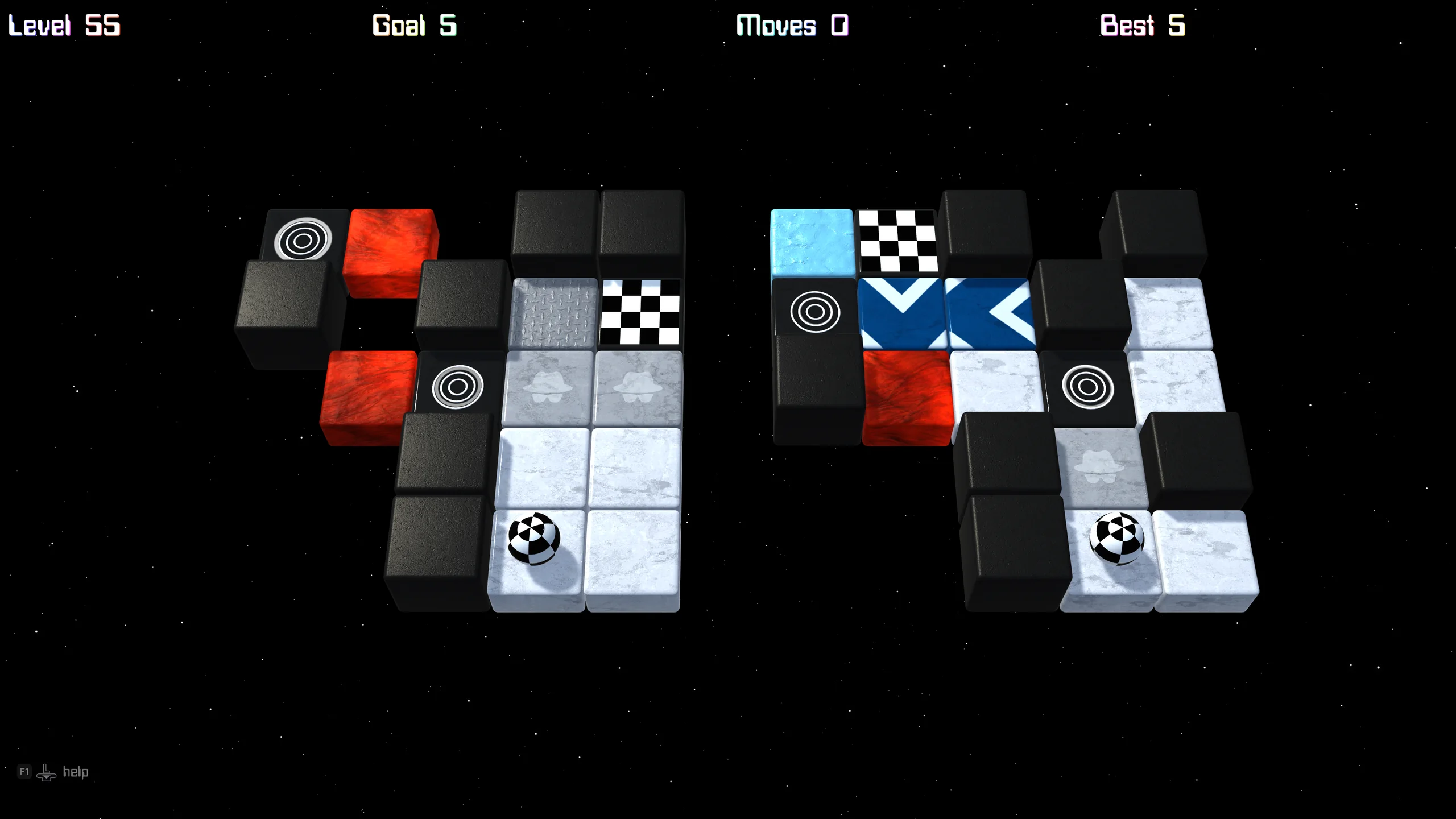 Two five-by-five mazes containing portals marked with concentric rings, crumbling floor tiles and gaps in the grid.