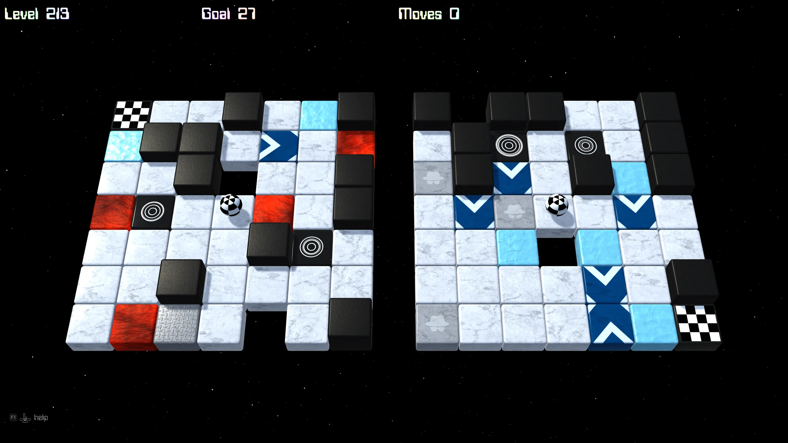 Two dense seven-by-seven mazes with ice, portals, arrows, lava, crumbling floors and holes.