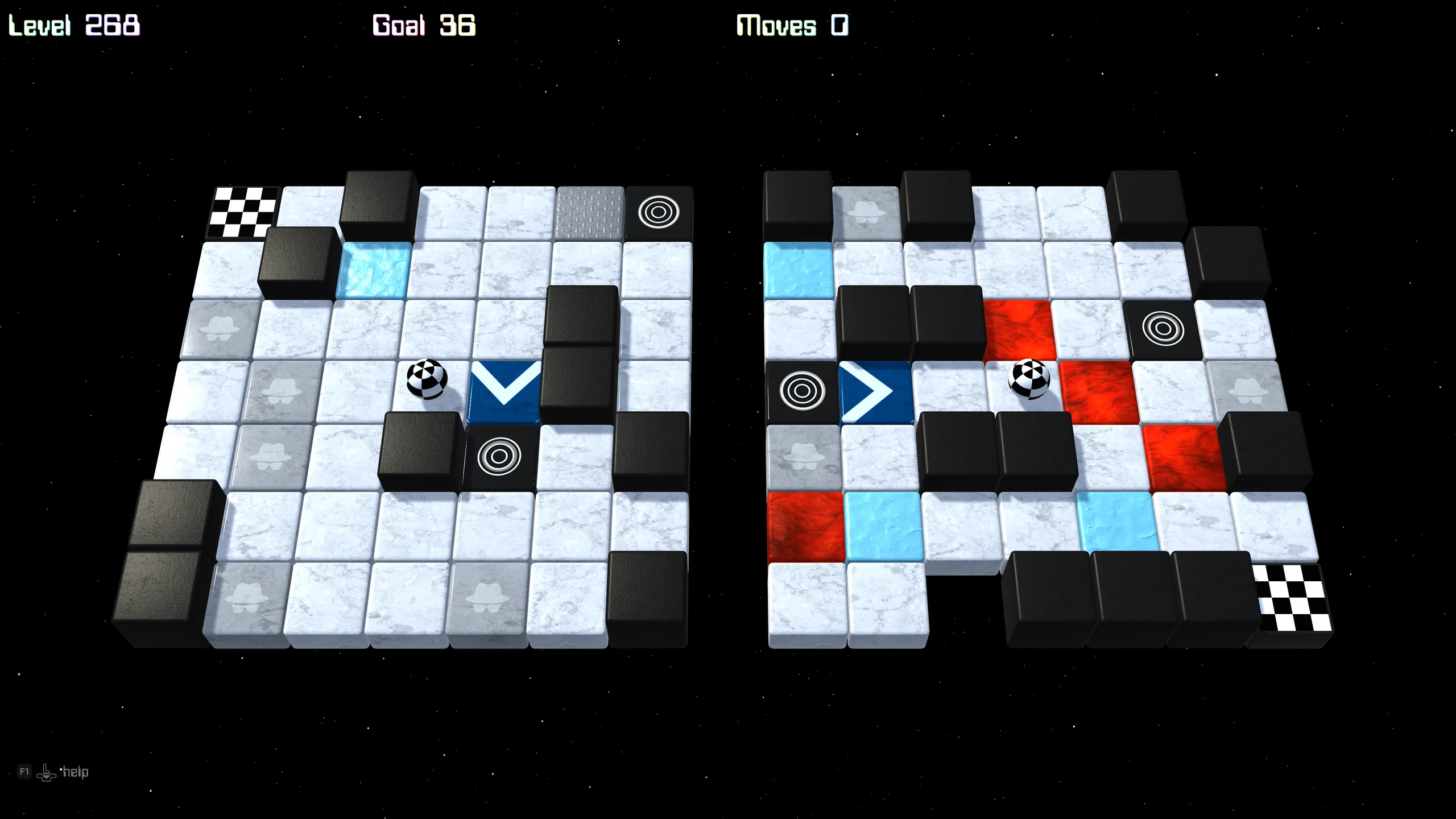 Two seven-by-seven mazes with pressure plates, crumbling floors, ice and portals.