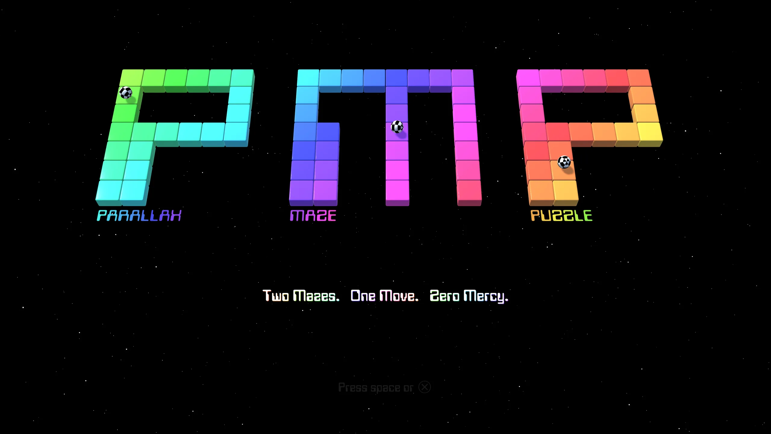 Title screen spelling PMP in three rainbow-coloured mazes, with the tagline Two Mazes. One Move. Zero Mercy.