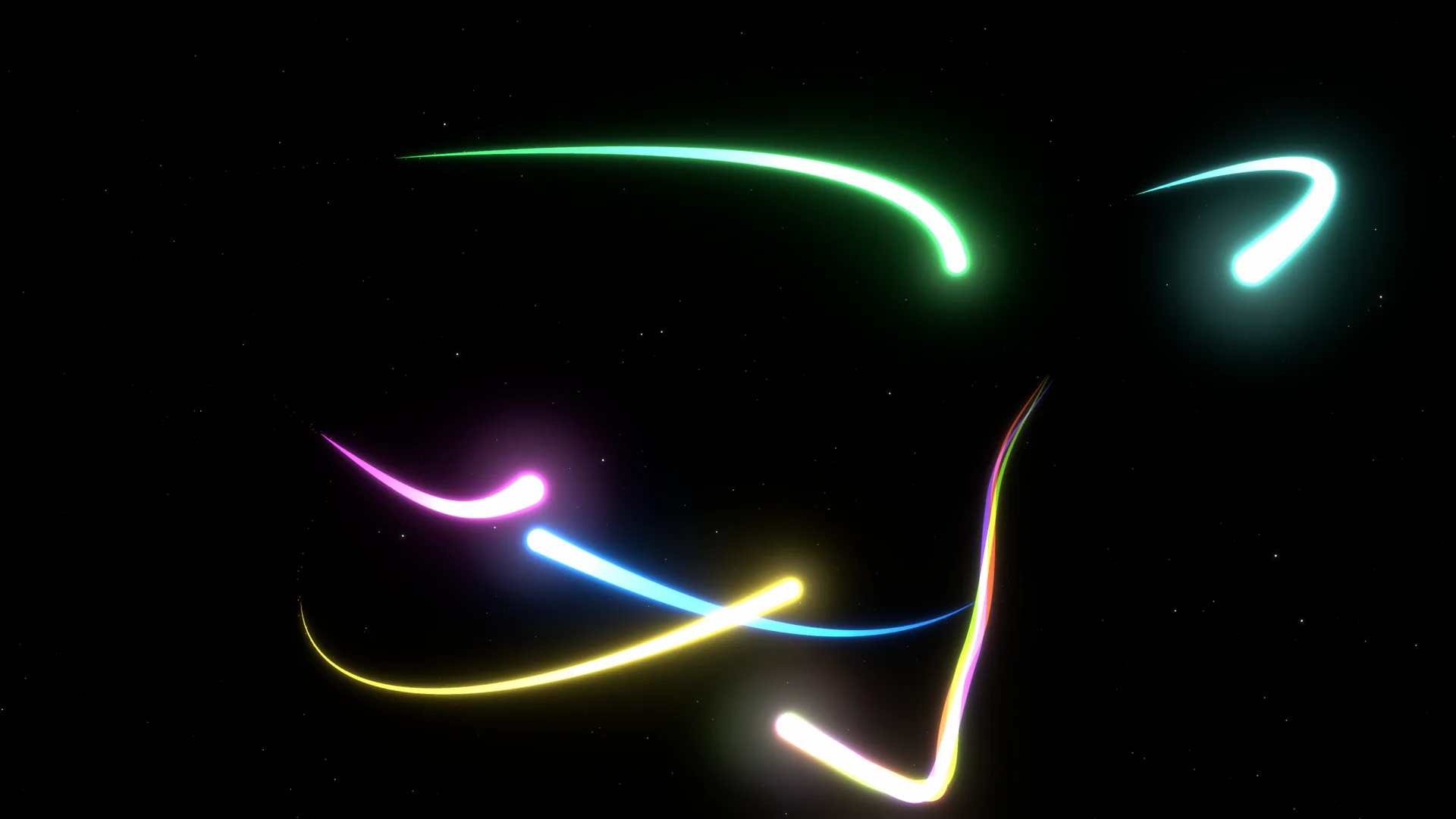 Neon comets trailing coloured ribbons across black space